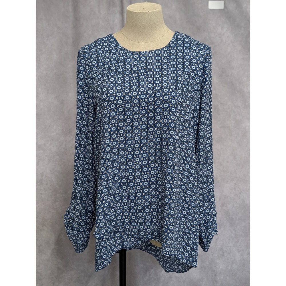 The Limited Women Blue White Geometric Tile Print Long‎ Sleeve Blouse Small